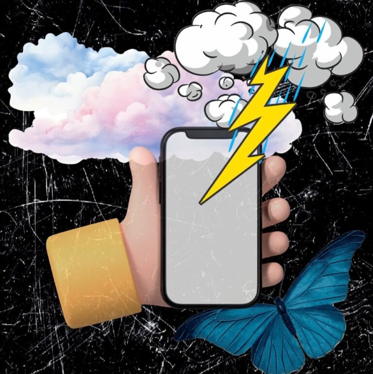 An abstract artwork of a phone beside tangled lines and soft shadows, representing anxiety and the urge to check a partner’s phone after infidelity.