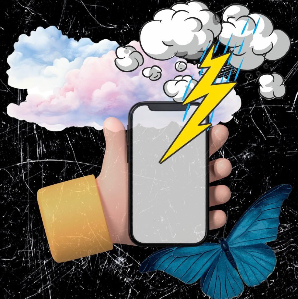 An abstract artwork of a phone beside tangled lines and soft shadows, representing anxiety and the urge to check a partner’s phone after infidelity.